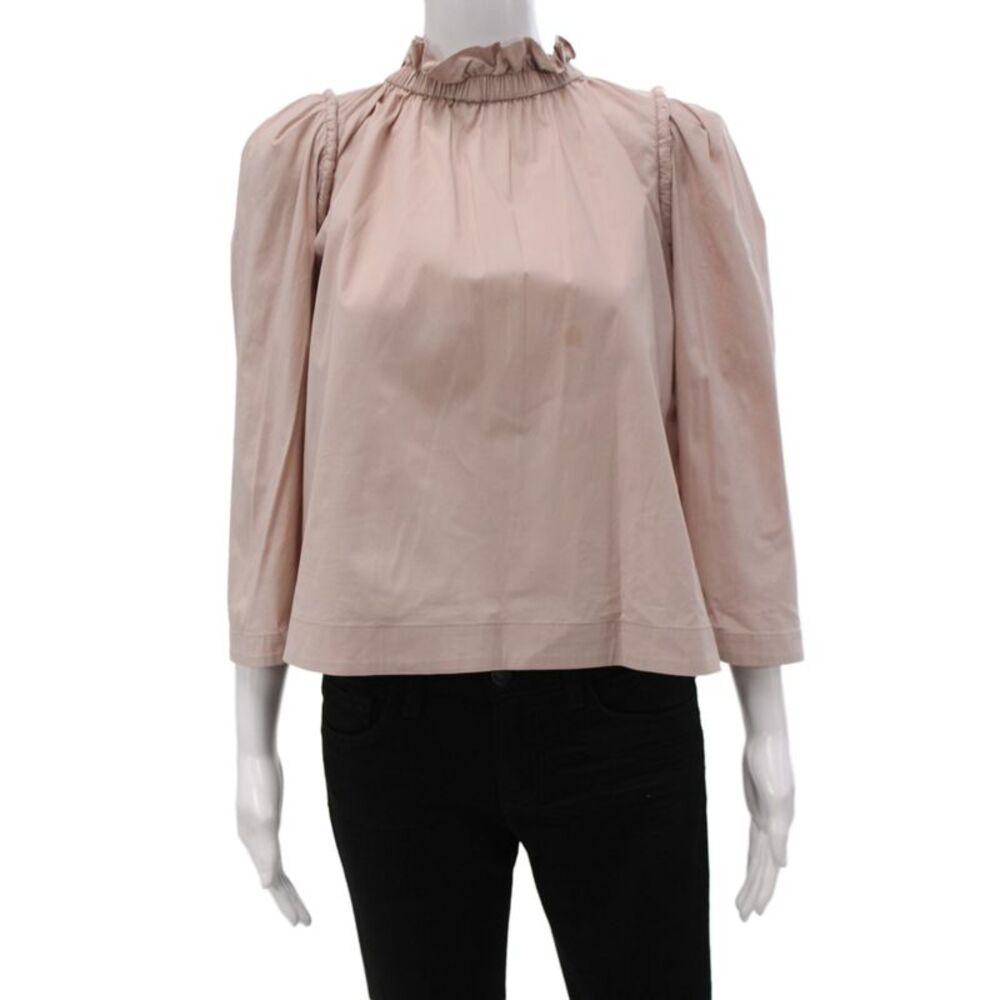 Sea Womens Basic Bohemian High Neck 3/4 Sleeve Button Pink Cotton Blouse Size 4